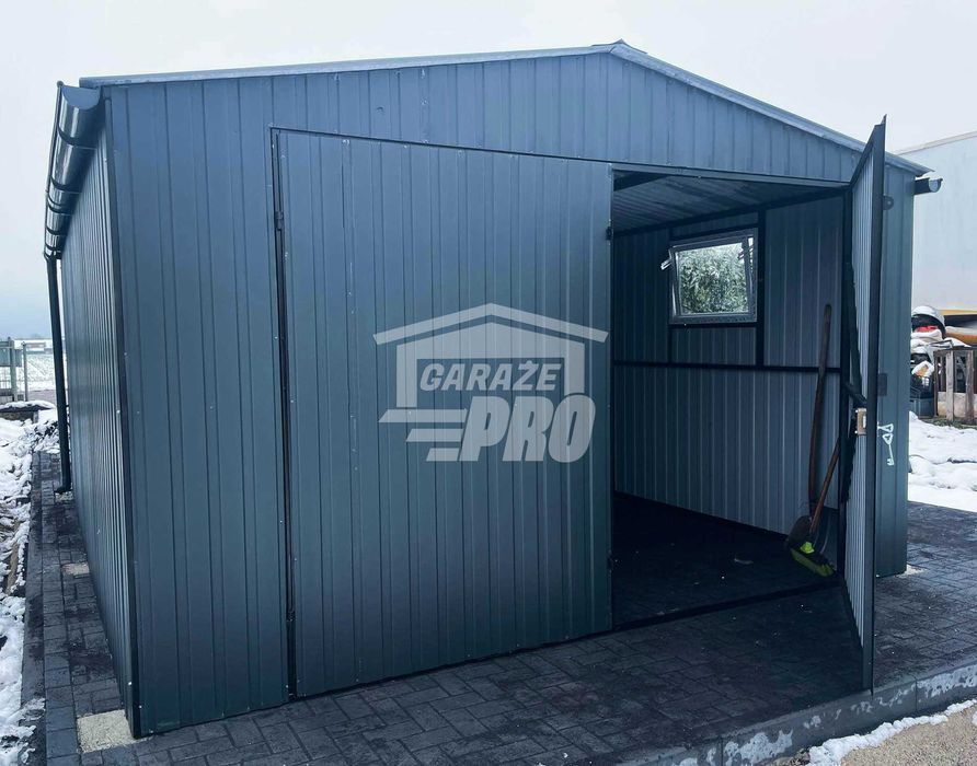 Garaż blaszany 4x5 Brama + okno Antracyt  Dach dwuspadowy GP145