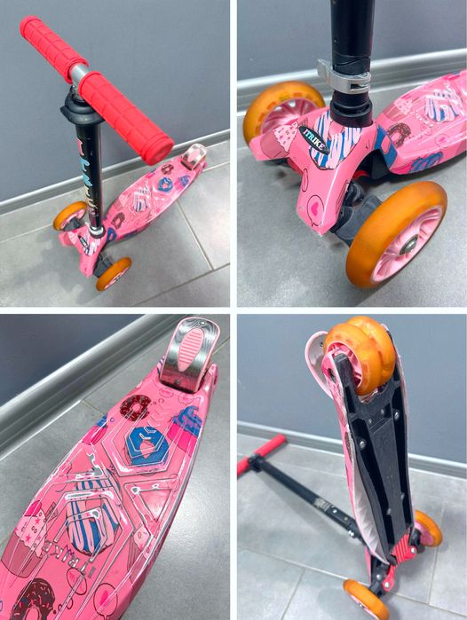 Дитячий, рожевий самокат для дівчинки; триколісний транспорт +рюкзак