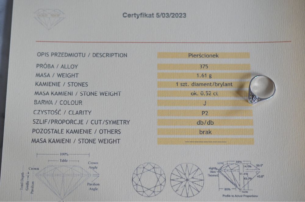 pierścionek kamień diament 0.52 ct certyfikat