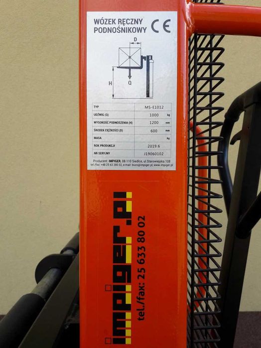 Wózek paletowy masztowy MSE 1012 (1T / 1,2m) regulowane widły