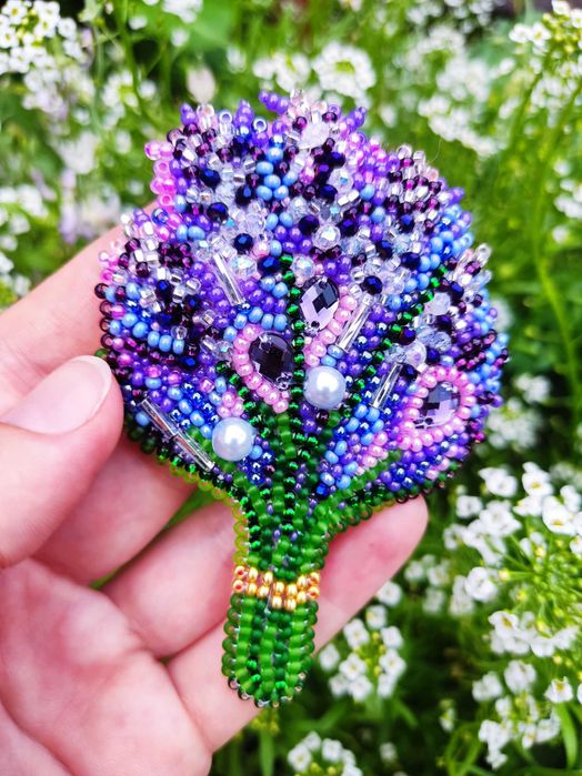 Брошка, прикраса, аксесуар, біжутерія, бісер ЛАВАНДА. Handmade