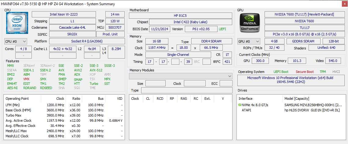 ПК HP Z4 G4 (Intel Xeon W-2223/16Gb/SSD-256Gb/noGPU)