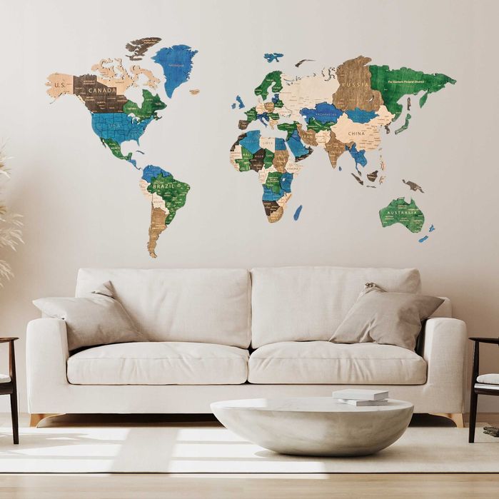 Drewniana Mapa Świata 3D XL Kolorowa 130 x 72 cm + Pinezki + Flagi