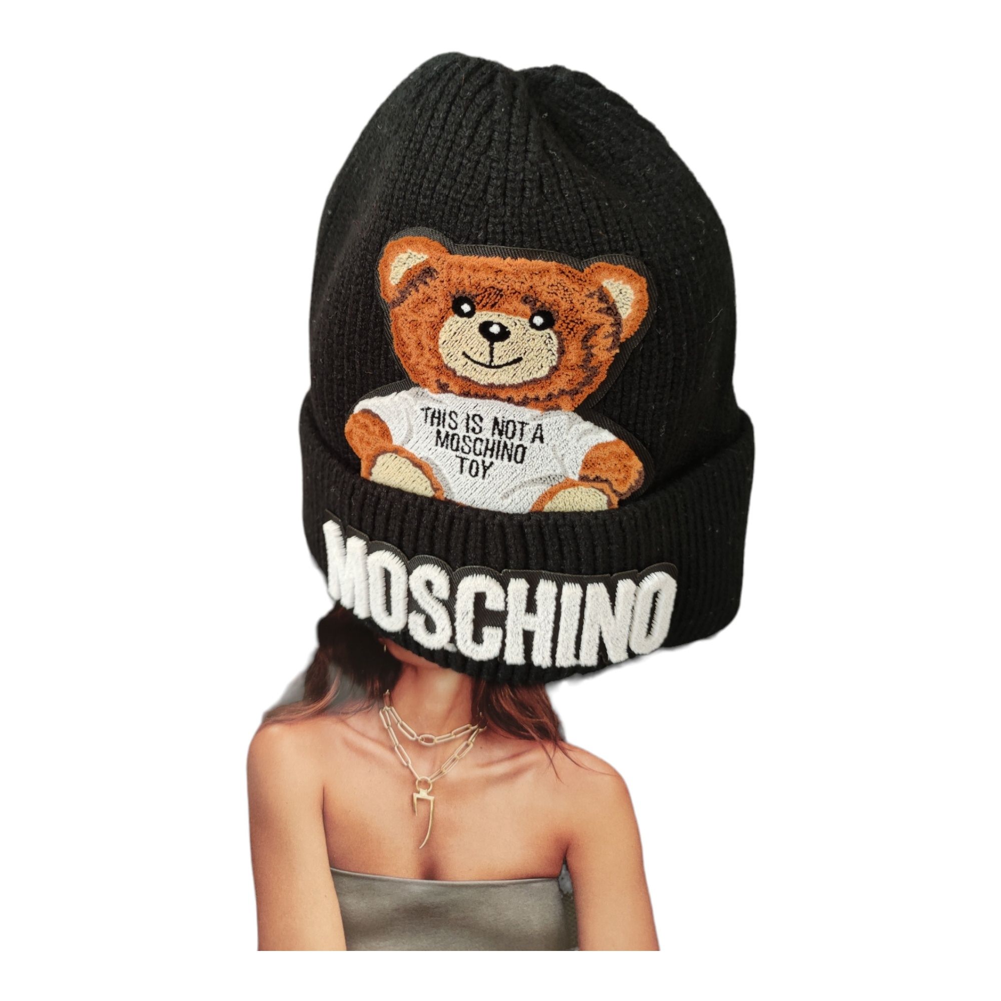NOWA Moschino Teddy 3D Miś czarna czapka modnie jesień/zima stylowo