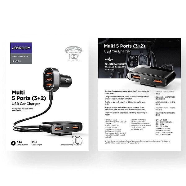 Joyroom szybka ładowarka samochodowa 5x USB 6,2 A z przedłużaczem czar