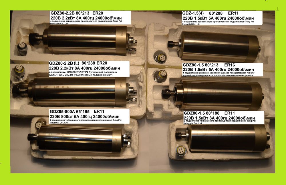 Шпиндели GDZ заводские с цанговым патроном и разъёмом в комплекте