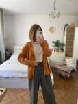 Gina kardigan sweter musztardowy guziki melanż wełna wool XL 42