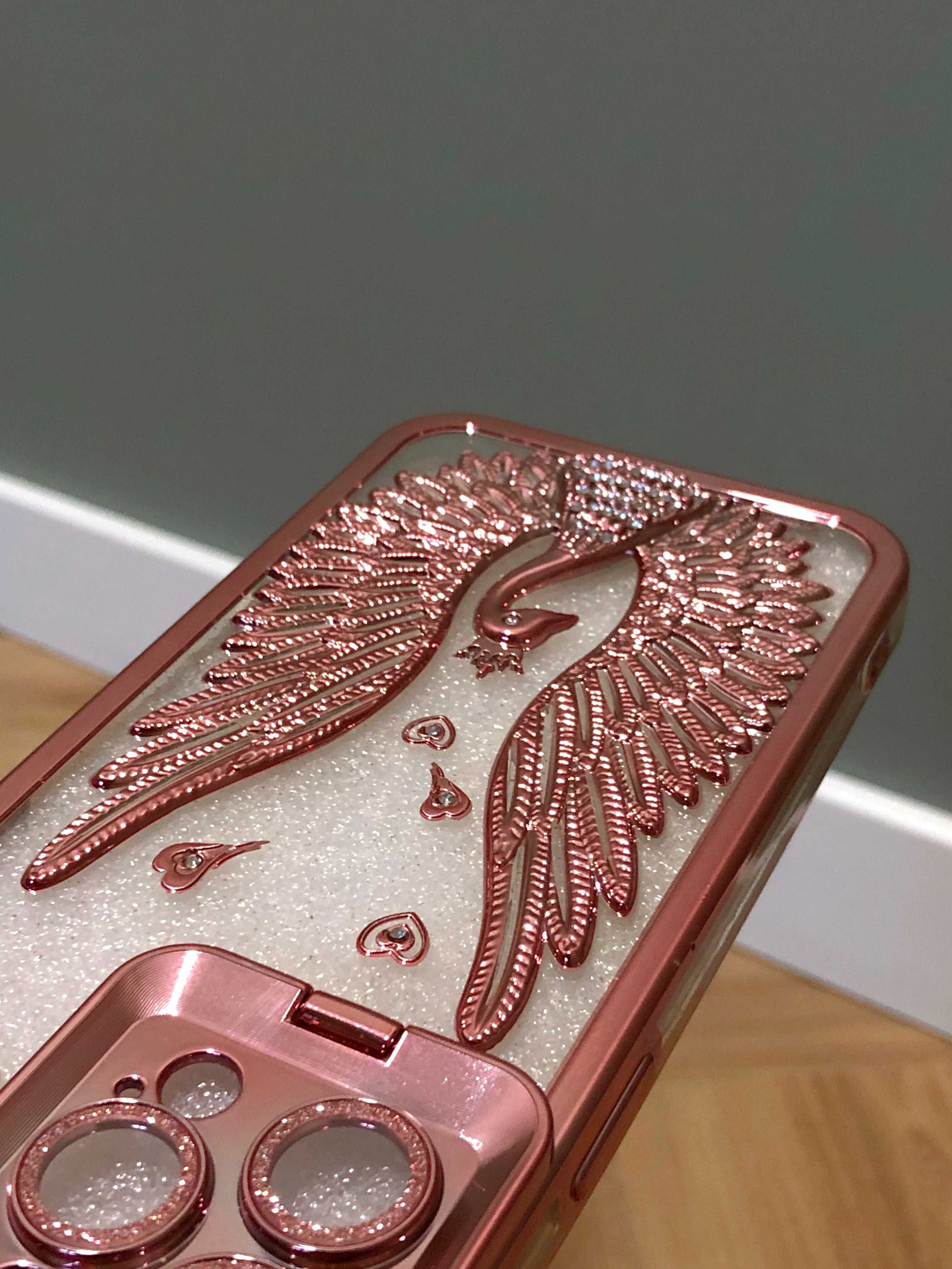 Etui iPhone 15 Pro Max | Motyw łabędzia + brokat | Różowe złoto