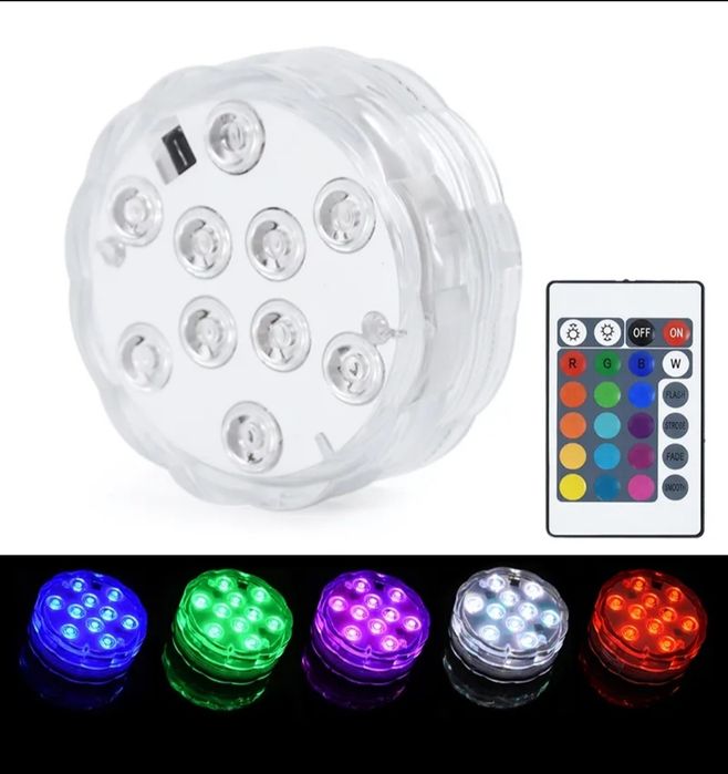 Led RGB submersível com comando 
Funciona com 3 pilhas AAA (não inclu