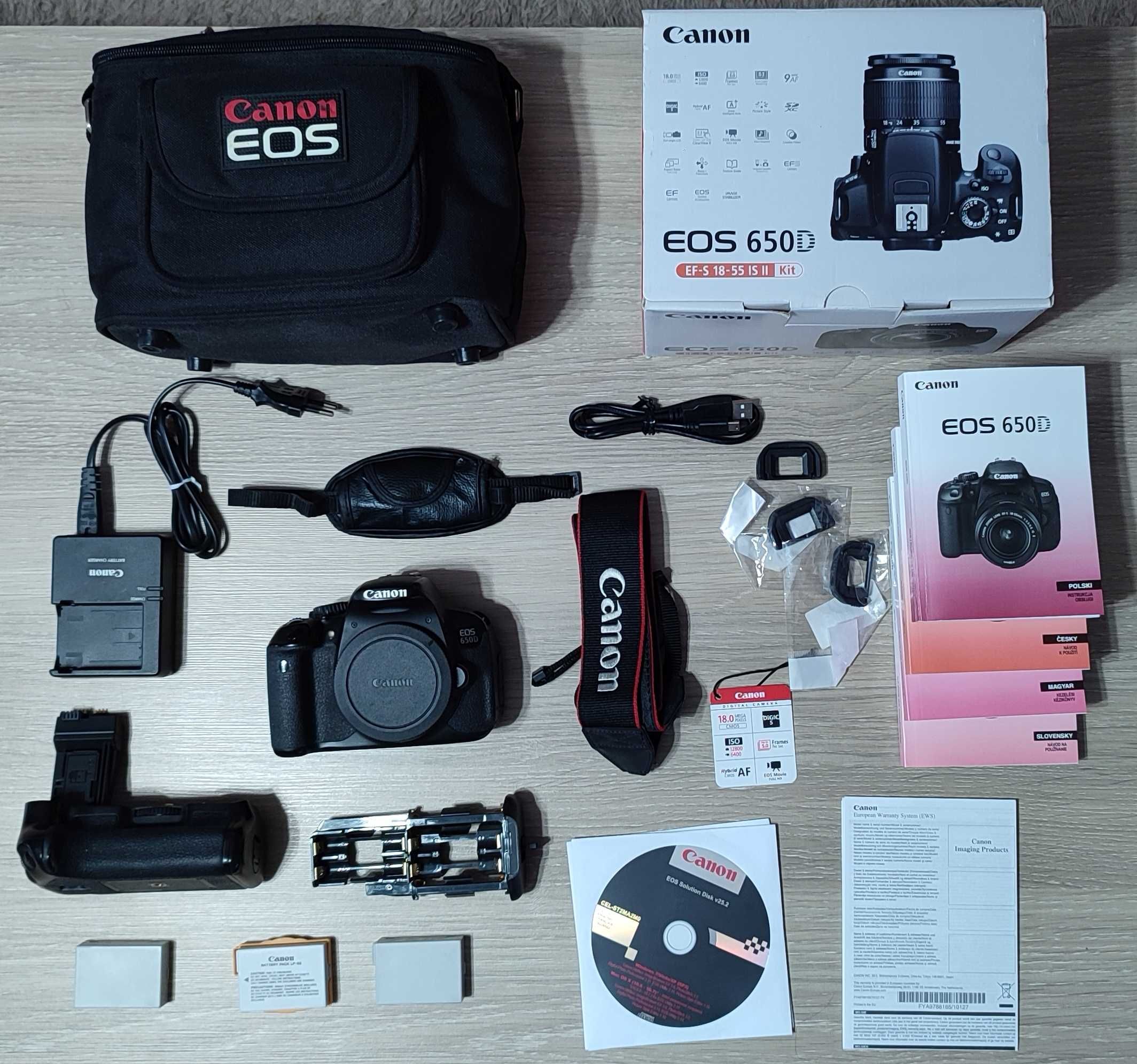 Canon EOS 650D Body Korpus, Grip Battery Pack Newell BG-E8, Torba