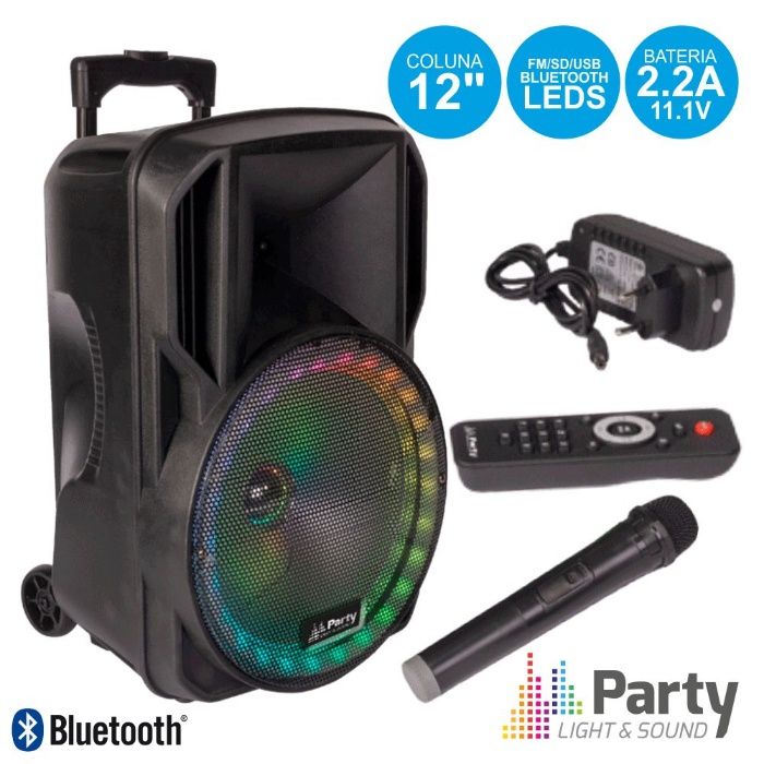 Coluna Amplificada 12" USB/FM/BT/SD/BAT VHF Preta 700W PARTY