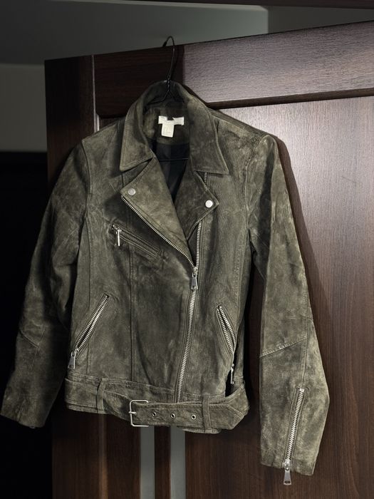 Шкіряна замшева куртка зеленого хакі кольору h&m