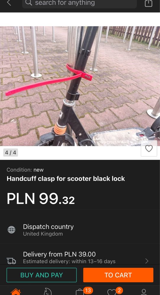 Zapiecie kajdankowe do hulajnogi czarne black lock