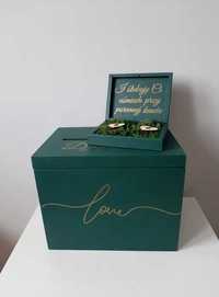 Butelkowa zieleń pudełko na koperty złoty napis obrączki