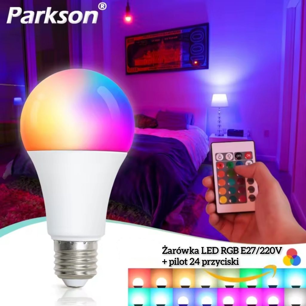 Żarówka LED E27 16 kolorów + pilot 24 przyciski