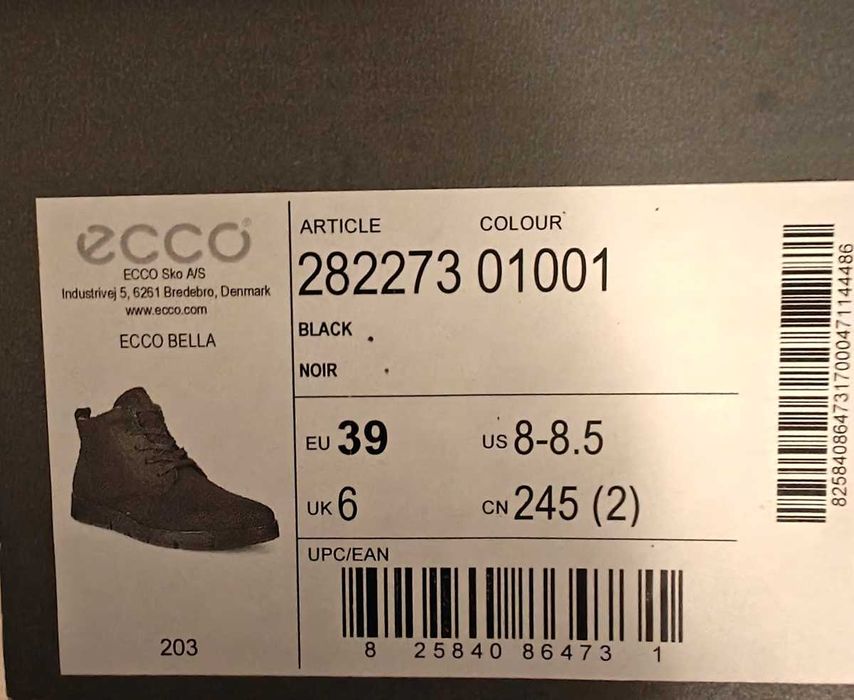 ECCO Bella trzewiki zimowe damskie czarne r. 39