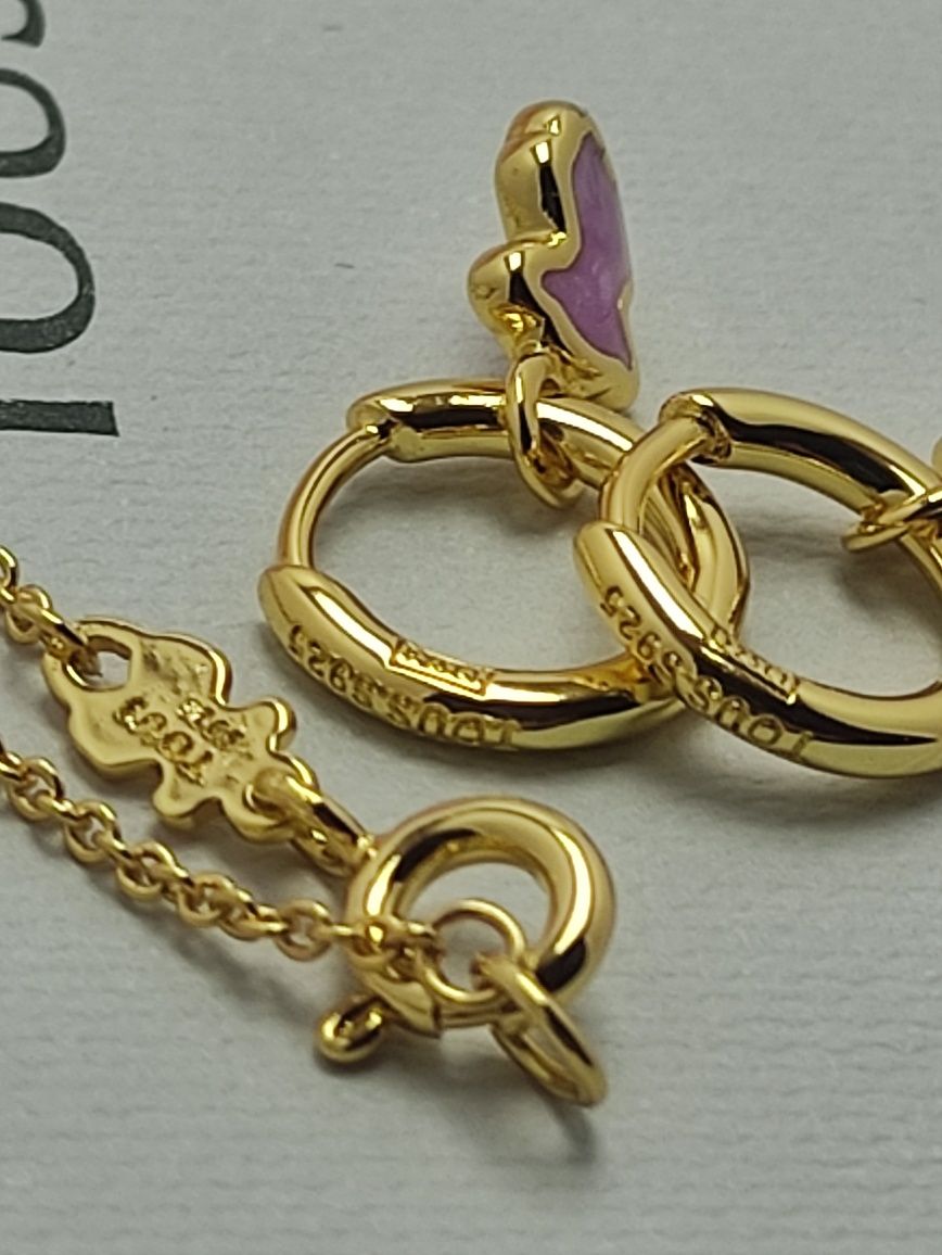 Komplet biżuterii z misiem żółte srebro vermeil 925 z różową emalią