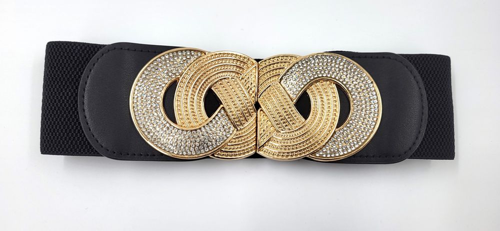 Pasek damski ELASTYCZNY guma czarna złota ósemka z cyrkoniami