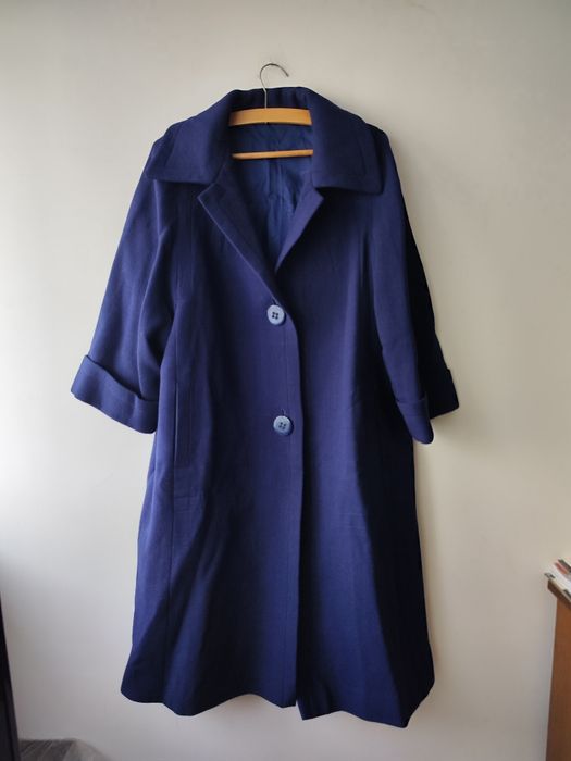 Piękny granatowy wełniany płaszcz vintage 42 XL rękaw 3/4