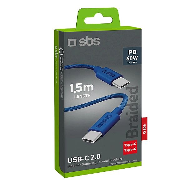 Kabel SBS TECABLETISSUETCCB USB-C - USB-C 1,5m 60W w oplocie - niebies