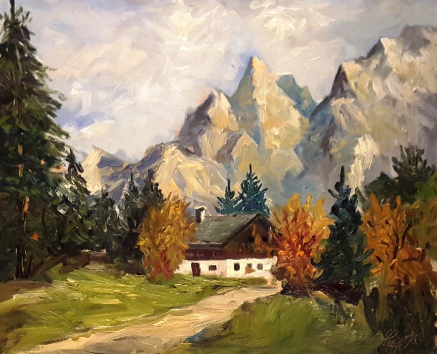Obraz olejny na płótnie " Dom w górach " drewniana rama wym. 60x70 cm.