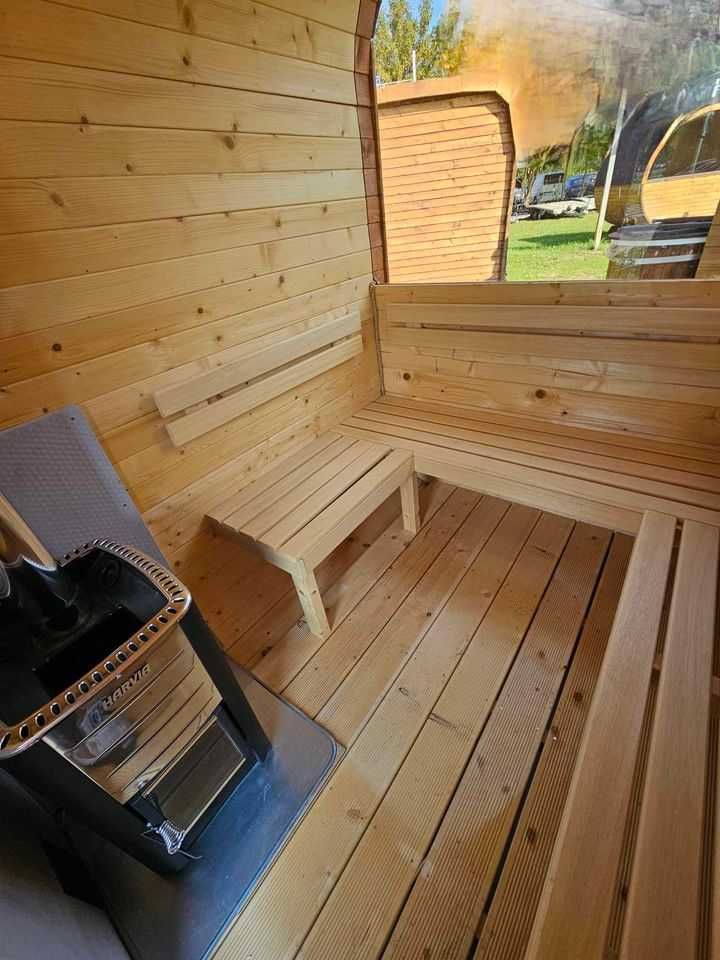 Sauna ogrodowa z piecem opalanym drewnem panorama ławeczka 1-8 osób