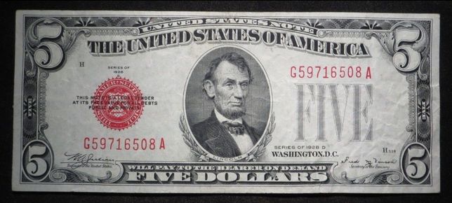5$ долларов США 1928-D United States Note SCARCE NOTE AU 508A (76)