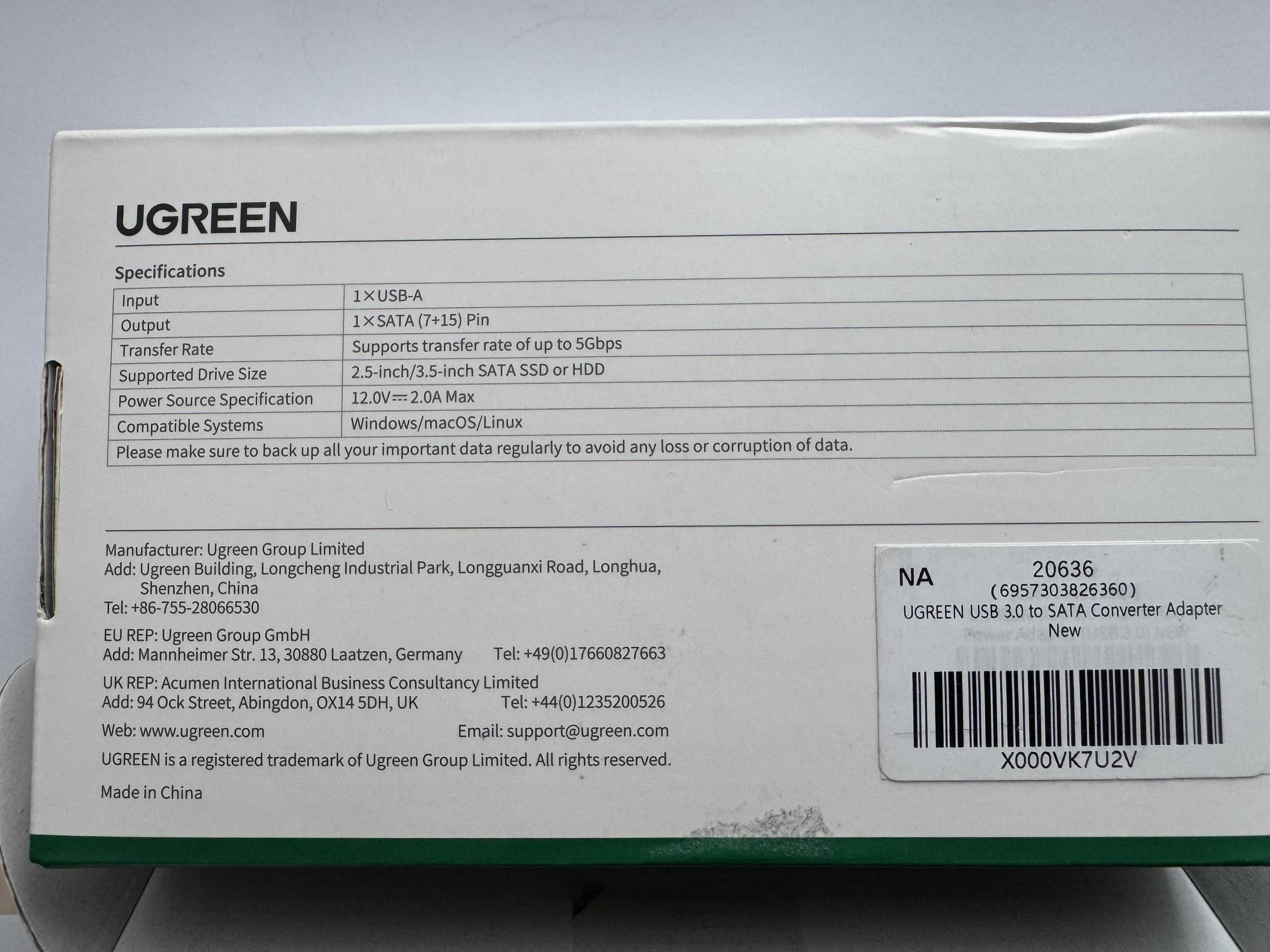 Кабель-адаптер UGREEN USB 3.0-SATA для 2,5"/3,5" жорсткого диска Black