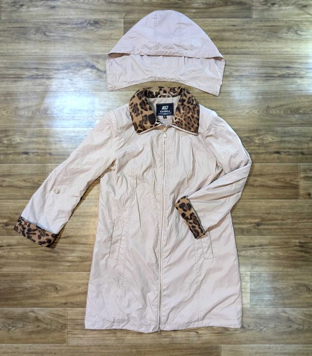 Бежевое пальто-плащ DIBU XL с леопардовыми вставками и капюшоном