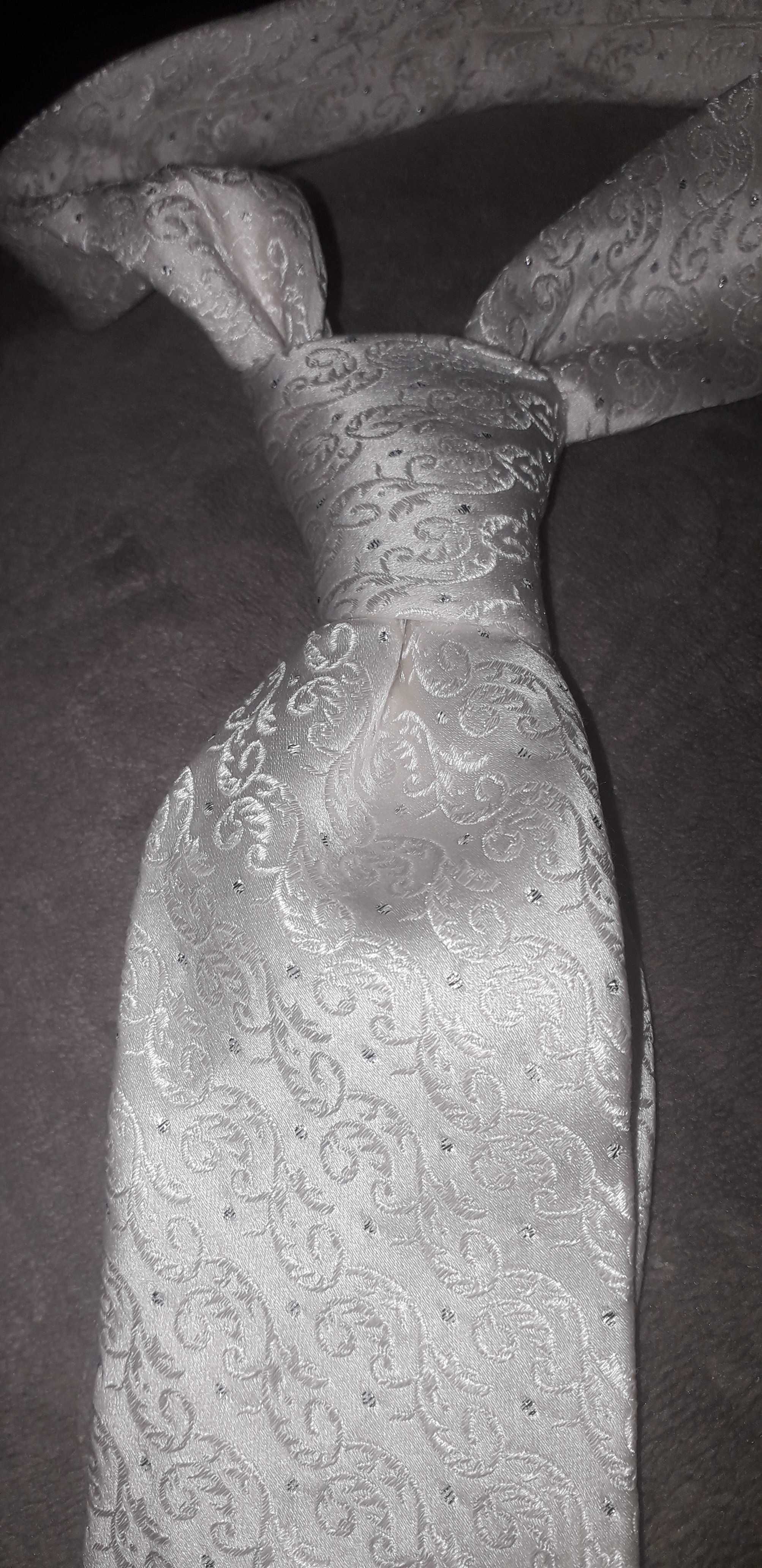 Krawat ślubny biały z poszetką