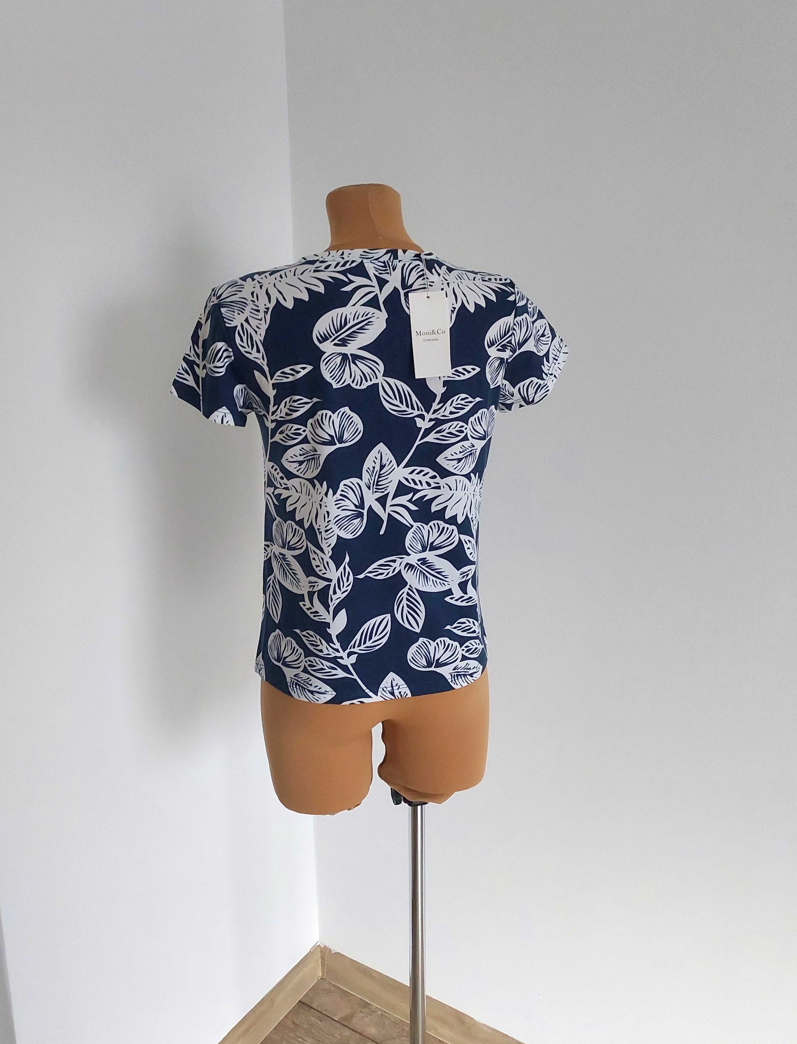 Granatowa Koszulka T-shirt Kwiatowy Motyw L