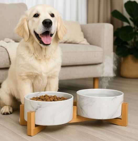 Miska dla psa kota podwójna ceramiczna miski na stojaku marmur 2x400ml