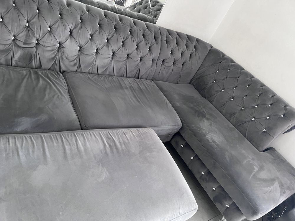 Narożnik chesterfield szary plus pufa