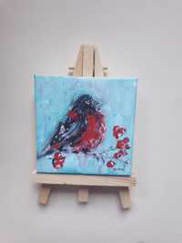 Mini obraz ręcznie malowany zima ptak +sztaluga
