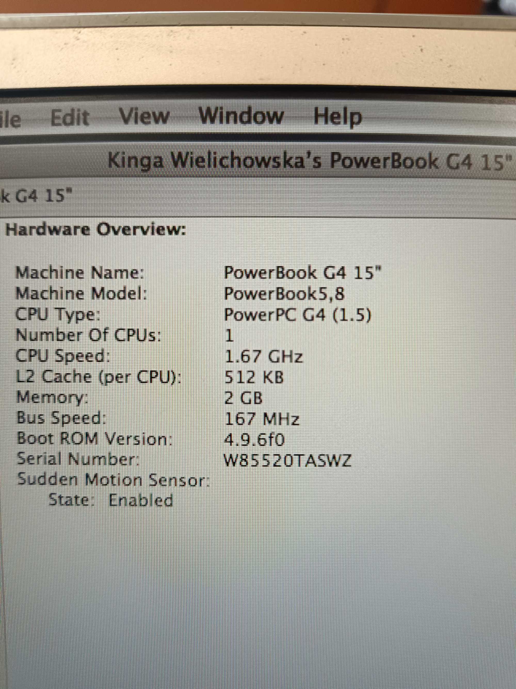 Apple laptop Powerbook G4 15” 1.67 Mhz, hdd 74gb, 2Gb Ram, Ati 9700