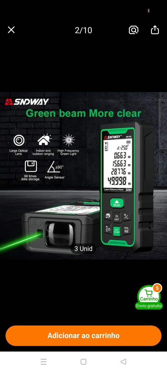 Medidor laser verde 70mts com medidor de ângulo