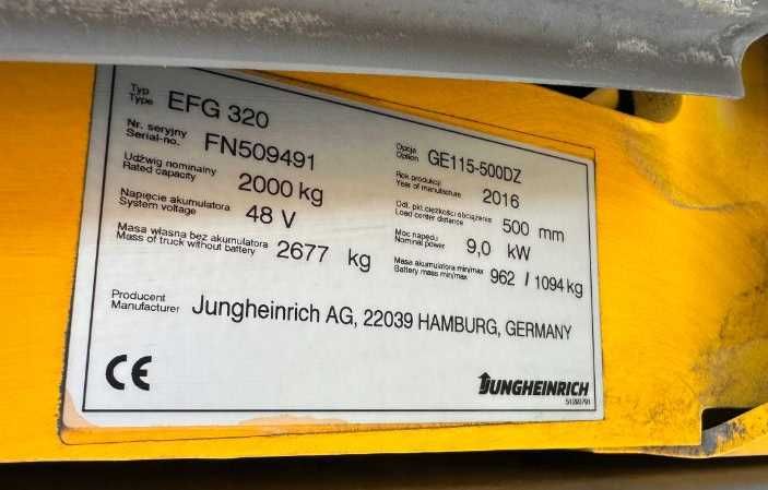Wózek Widłowy Junngheinrich Efg 320 Trilex 5m Rok 2016 , Udt, 2t