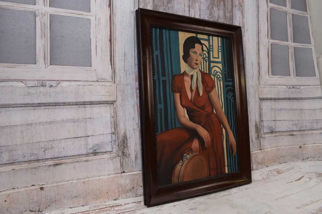 T De Łempicka - Portret Kobiety w Sukni - Art Deco Stary Obraz Olejny