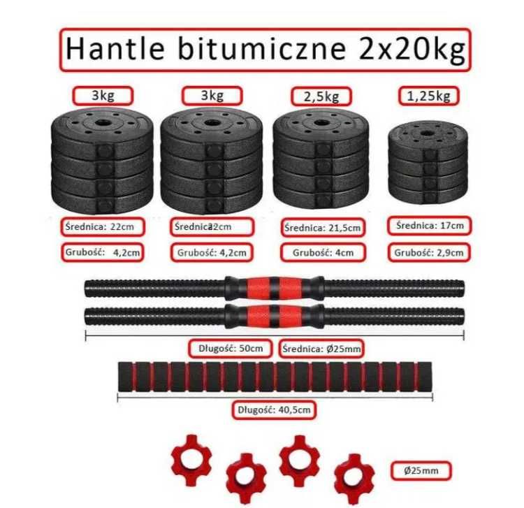 Hantle bitumiczne regulowane 2x20kg łącznik zestaw sztanga 40kg LU