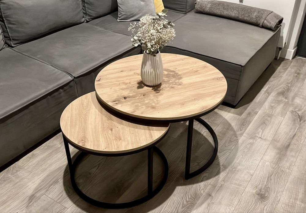 Zestaw dwóch stolików kawowych okrągłe 80 i 60 cm Dąb artisan