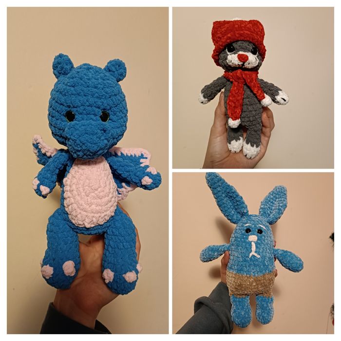 В'язані іграшки ручної роботи, дракончик, кошення та зайчик
