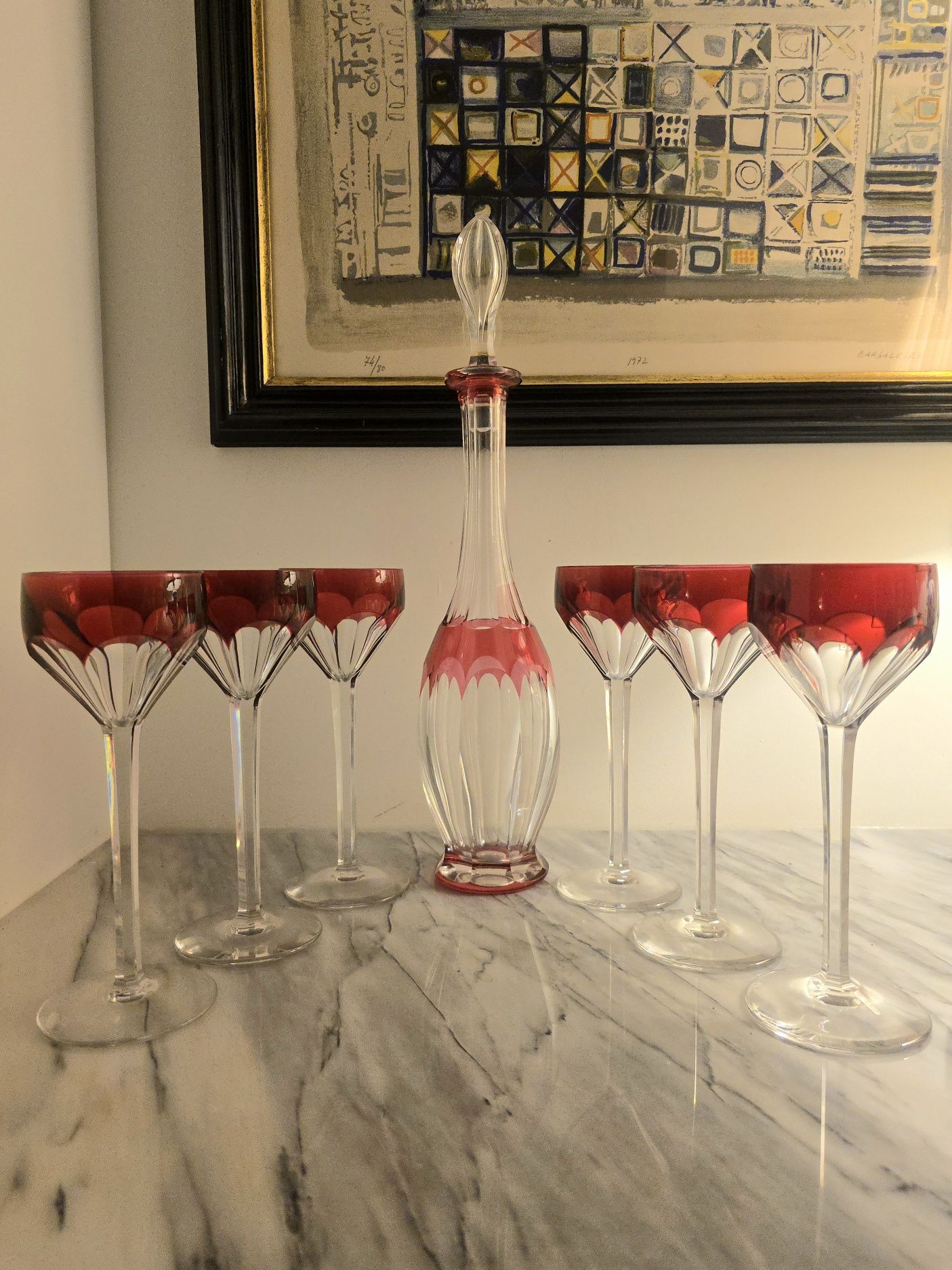 Conjunto de Garrafa e 6 Taças em Cristal – Atribuído a Val Saint Lamb