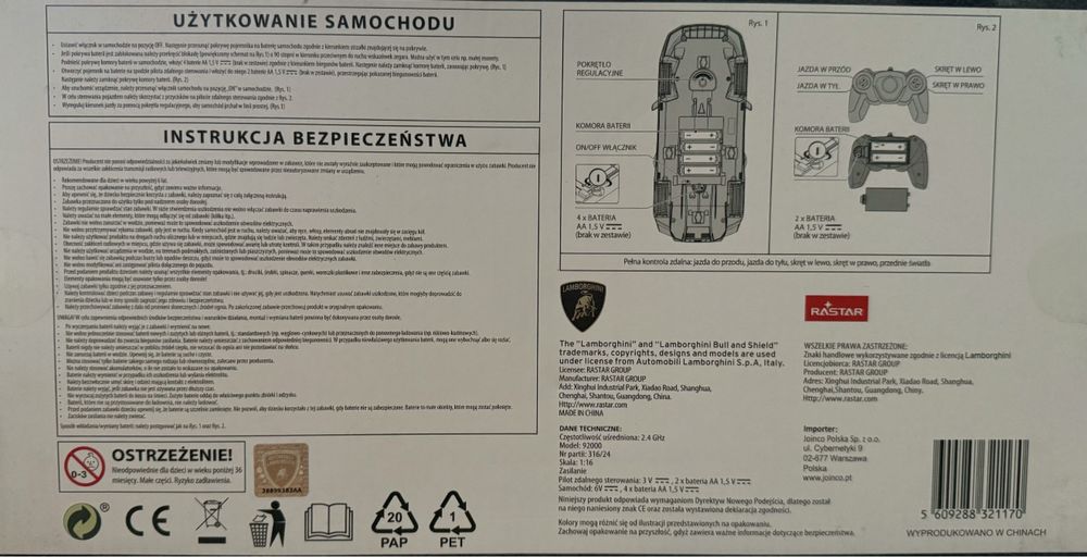 Auto zdalnie sterowane Rastar Lamborghini Countach LPI 800-4 1:16 RC