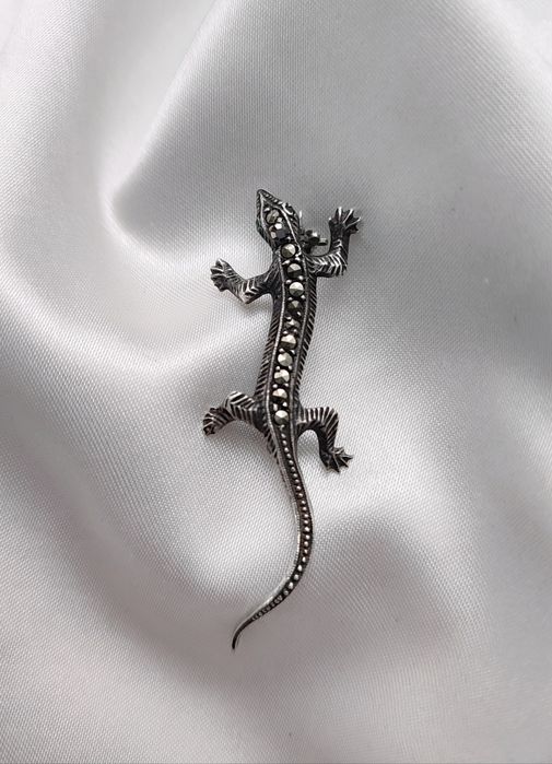 Антикварна срібна брошка ящирка "Саламандра" з марказитами Німеччина