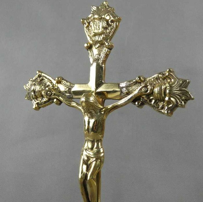 Mosiężny Krzyż stojący krucyfiks pasyjka JEZUS 38,5 cm BAROK