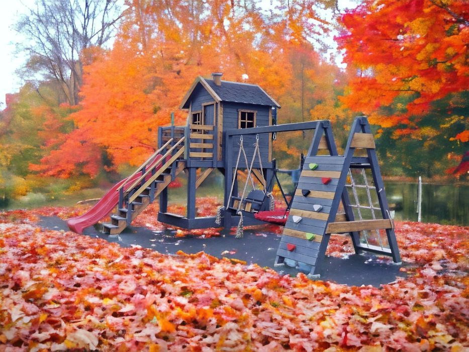 Plac zabaw "prosty" domek dla dzieci. Rozm. L. Huśtawki, wspinaczka