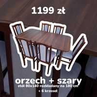 Nowe: Stół 80x140/180 + 6 krzeseł, orzech + szary, dostawa PL