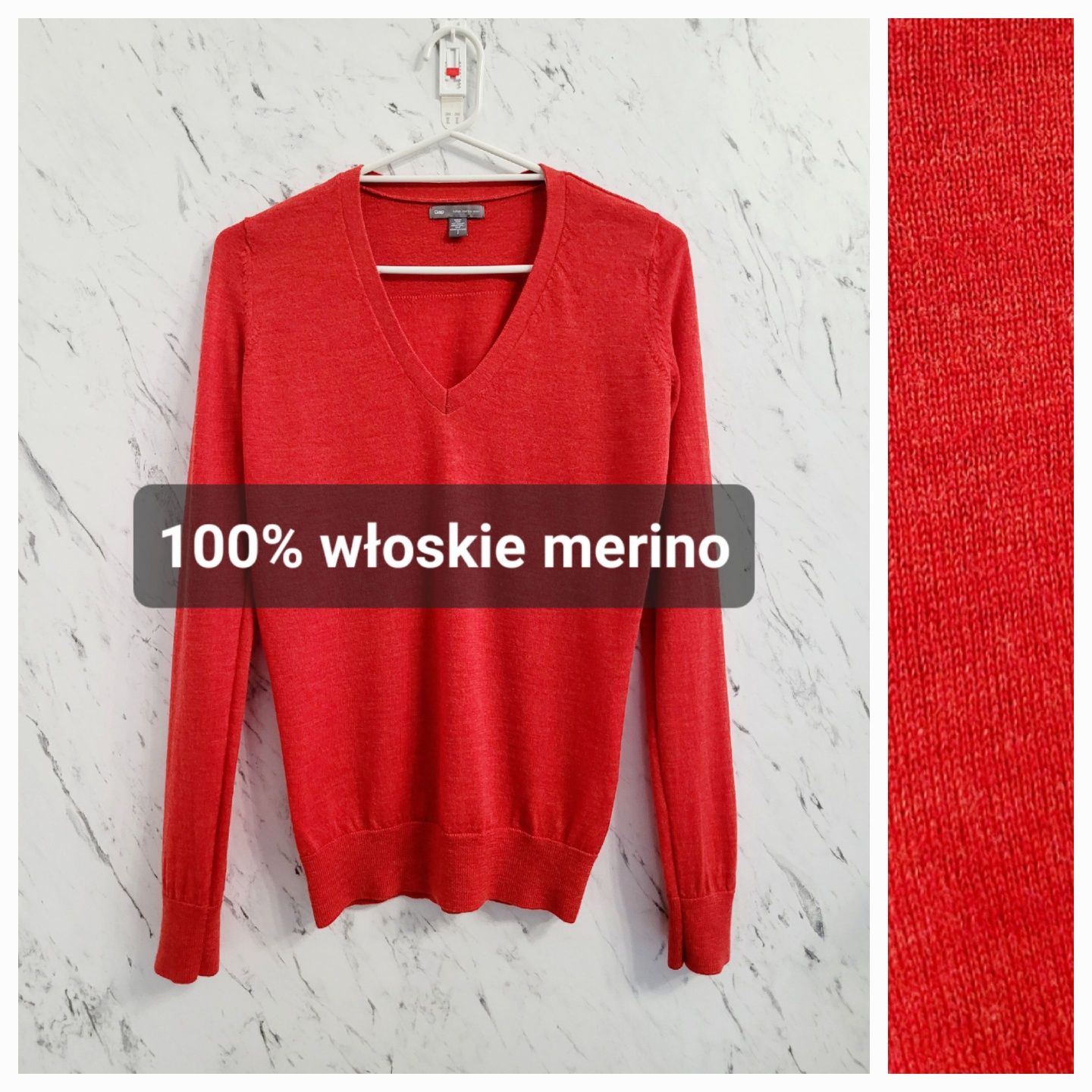 Sweter dekolt V prążek 100% włoskie merino wiosna