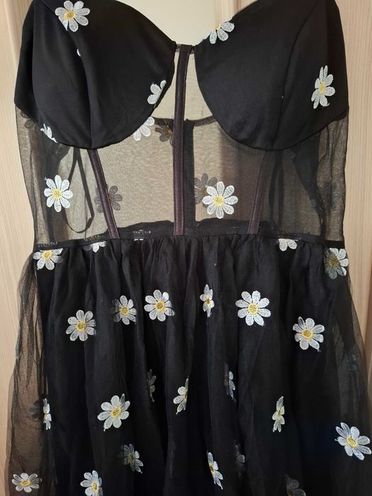 Długa sukienka balowa haft tiulowa maxi L XL czarna gorsetowa