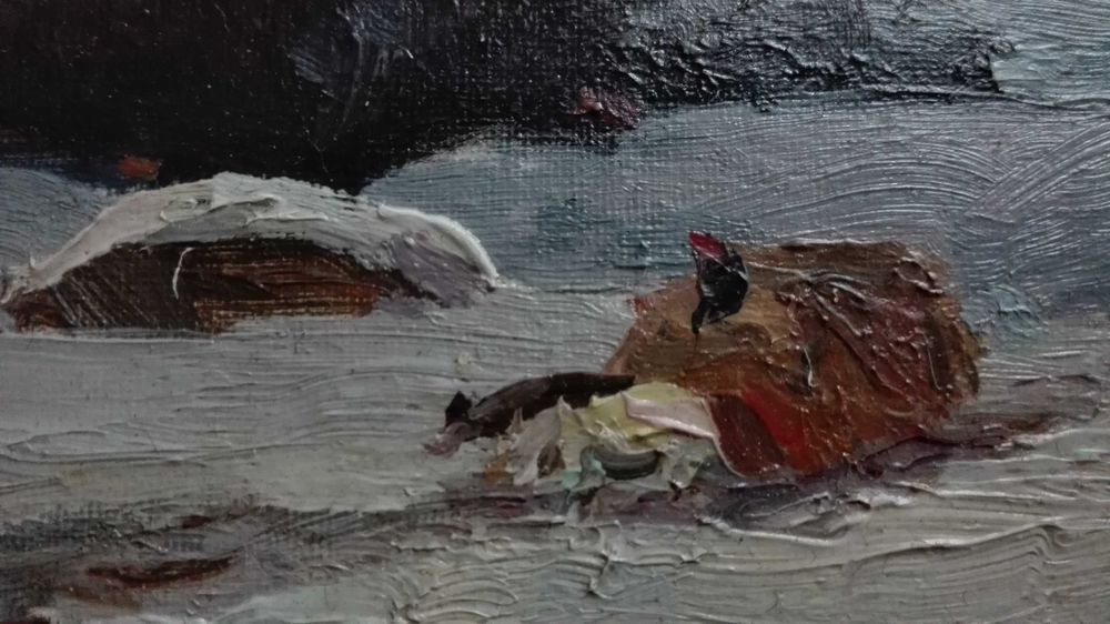 В.Пузырьков (нар.худ. СССР) Пейзаж Зима. Повозка с сеном.Снопы